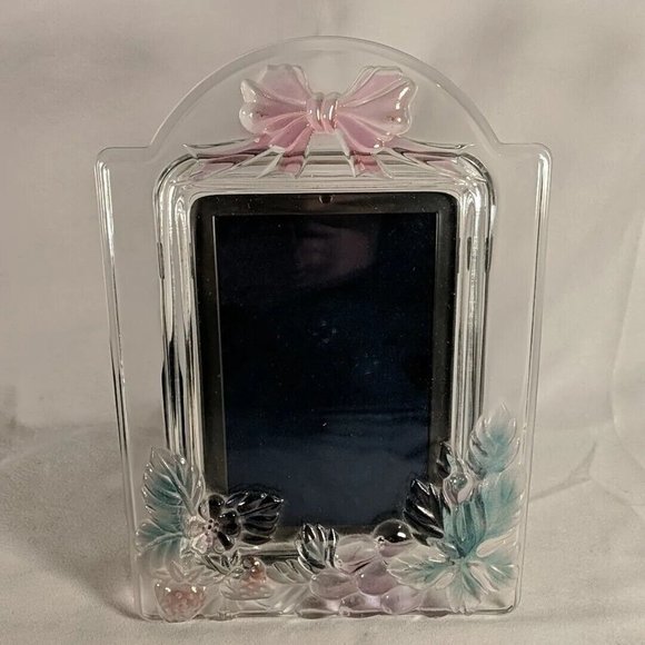 Vintage Mikasa Style Glass Picture Frame Bow Strawberries Flower Clear 11" 4x6" - Picture 1 of 8